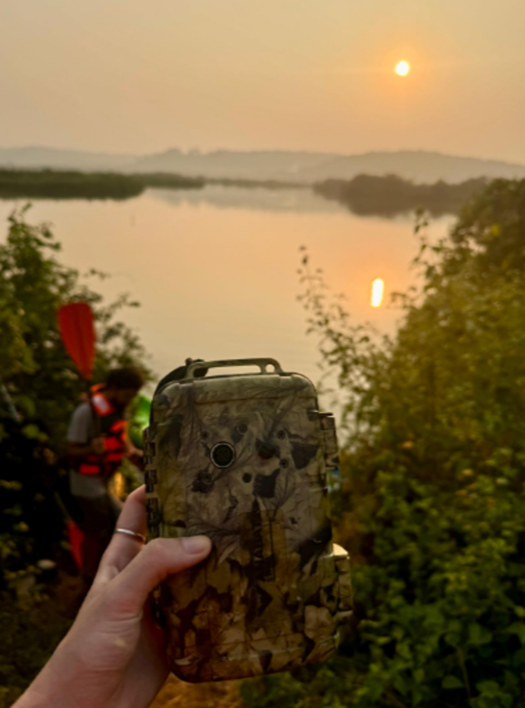 Swift recorder being held up at sunset on Goa River
